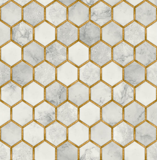 NW38605 NextWall NextWall Peel & Stick Wallpaper Inlay Hexagon Alaska Grey & Metallic Gold