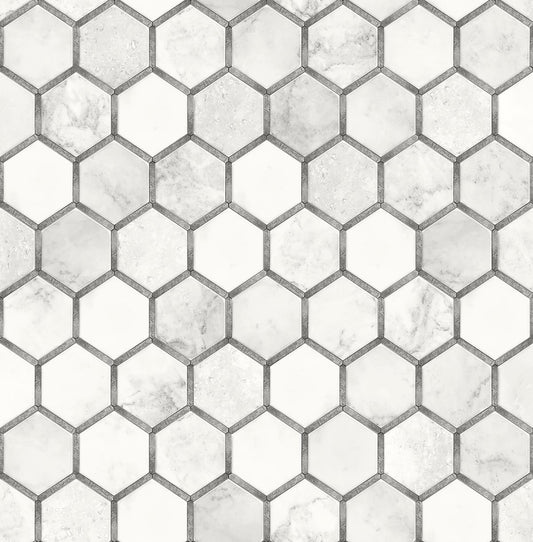 NW38615 NextWall NextWall Peel & Stick Wallpaper Inlay Hexagon Carrara & Metallic Silver