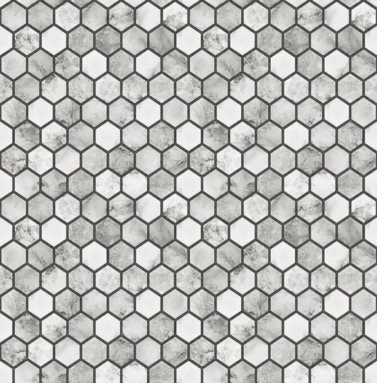 NW38700 NextWall NextWall Peel & Stick Wallpaper Marble Hexagon Carrara & Wrought Iron