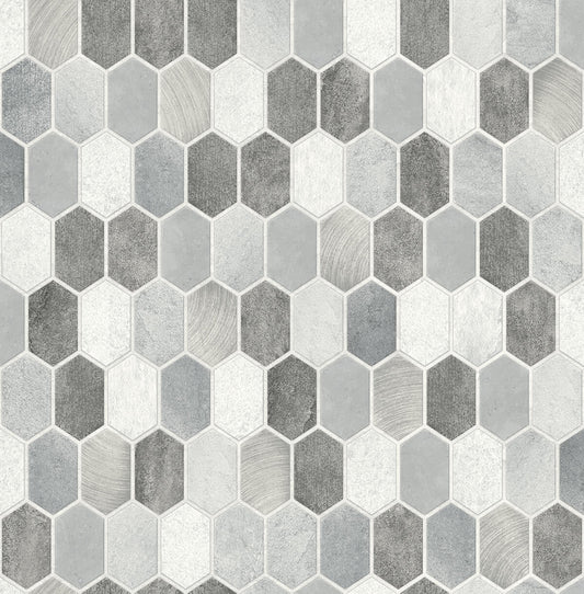 NW38803 NextWall NextWall Peel & Stick Wallpaper Brushed Hex Tile Icy Grey & Nickel