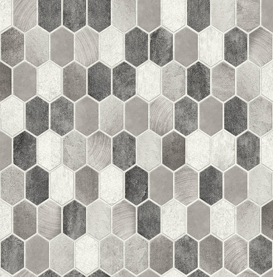 NW38805 NextWall NextWall Peel & Stick Wallpaper Brushed Hex Tile Pavestone & Chrome