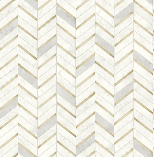 NW39205 NextWall NextWall Peel & Stick Wallpaper Chevron Marble Tile Metallic Gold & Pearl Gray