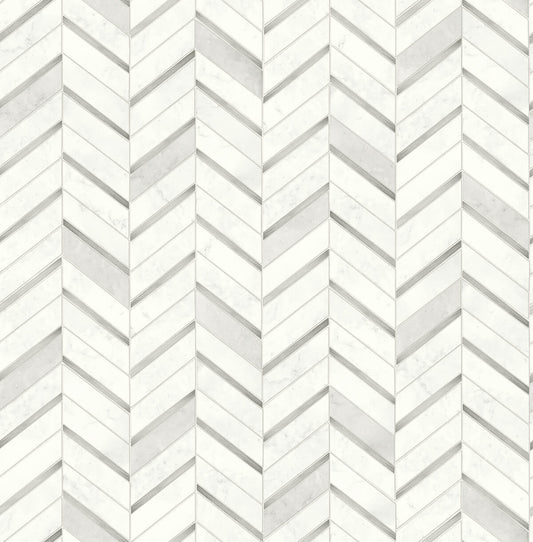 NW39208 NextWall NextWall Peel & Stick Wallpaper Chevron Marble Tile Metallic Silver & Pearl Gray