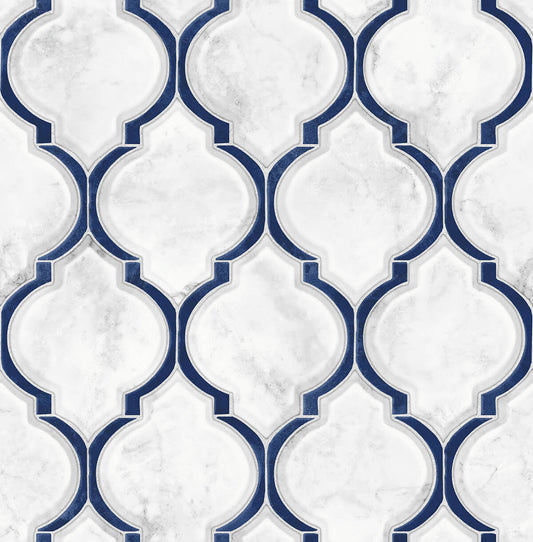 NW39302 NextWall NextWall Peel & Stick Wallpaper Marbled Ogee Royal Blue & Carrara