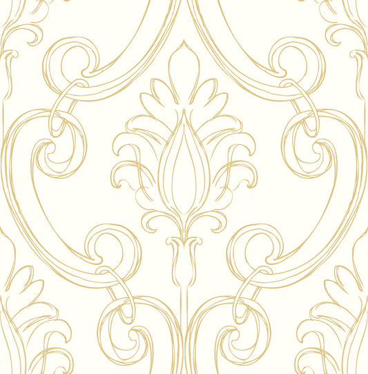 NW39405 NextWall NextWall Peel & Stick Wallpaper Sketched Damask Metallic Gold