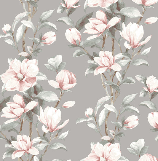 NW41401 NextWall NextWall Peel & Stick Wallpaper Magnolia Trail Metallic Silver & Petal Pink