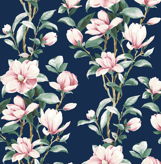 NW41402 NextWall NextWall Peel & Stick Wallpaper Magnolia Trail Navy & Blush
