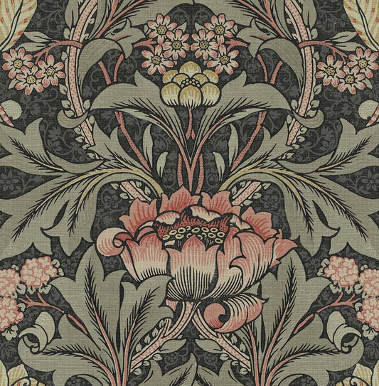 NW41501 NextWall NextWall Peel & Stick Wallpaper Acanthus Floral Charcoal & Rosewood