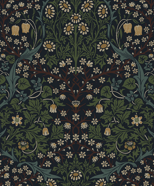 NW44522 NextWall NextWall Peel & Stick Wallpaper Victorian Garden Midnight Blue & Evergreen