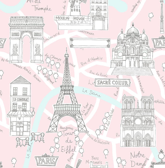 NW44801 NextWall NextWall Peel & Stick Wallpaper Paris Scene Pale Pink
