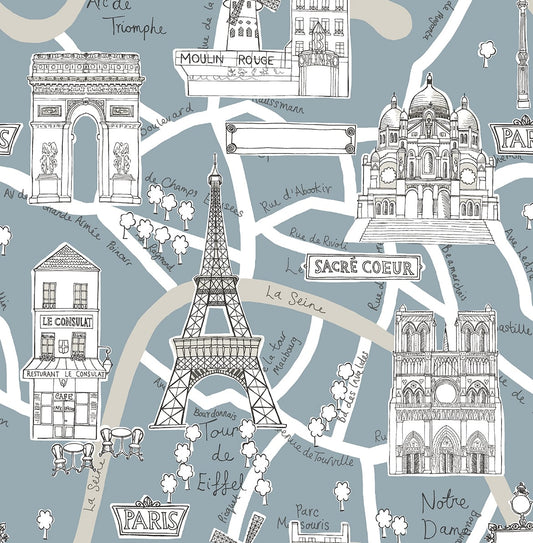 NW44802 NextWall NextWall Peel & Stick Wallpaper Paris Scene Smokey Blue