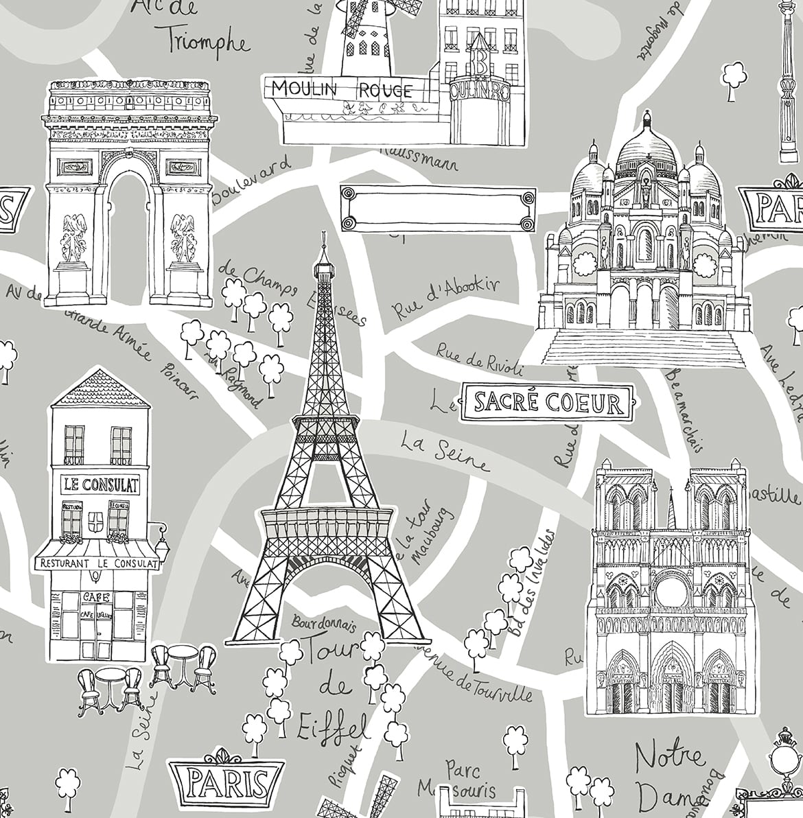 NW44808 NextWall NextWall Peel & Stick Wallpaper Paris Scene Argos Grey