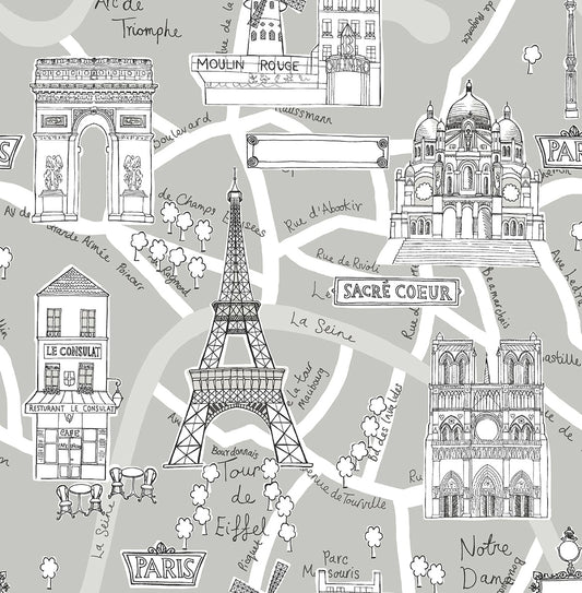NW44808 NextWall NextWall Peel & Stick Wallpaper Paris Scene Argos Grey