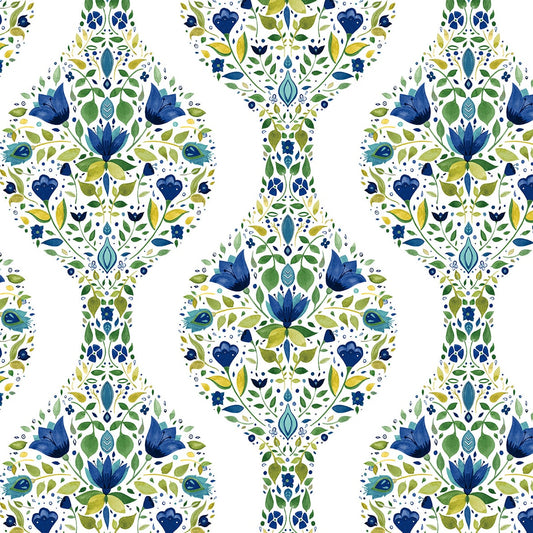 NW45004 NextWall NextWall Peel & Stick Wallpaper Floral Ogee Cobalt & Spring Green