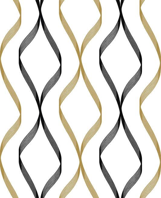 NW45100 NextWall NextWall Peel & Stick Wallpaper Ogee Ribbon Metallic Gold & Ebony