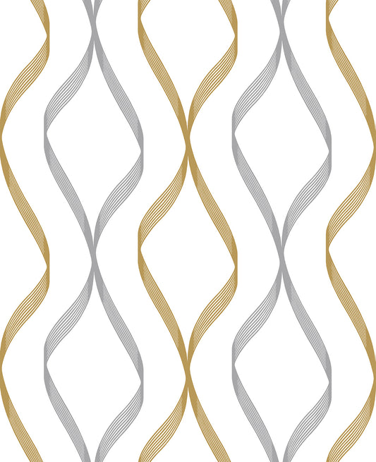 NW45105 NextWall NextWall Peel & Stick Wallpaper Ogee Ribbon Silver & Gold