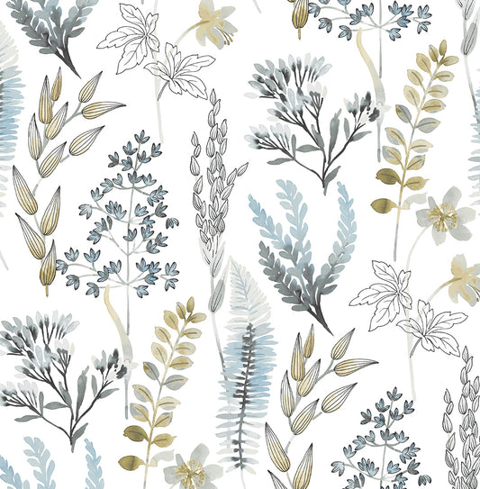 NW45404 NextWall NextWall Peel & Stick Wallpaper Wild Garden Glacier Blue & Matte Brass