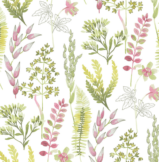 NW45407 NextWall NextWall Peel & Stick Wallpaper Wild Garden Lemongrass & Posy Pink