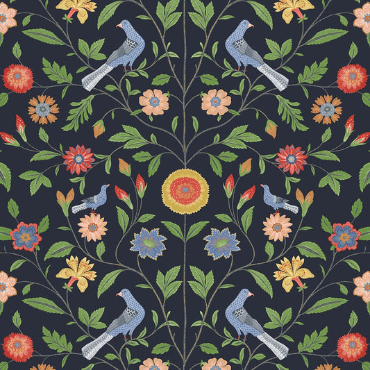 NW45902 NextWall NextWall Peel & Stick Wallpaper Bird Toile Midnight Blue