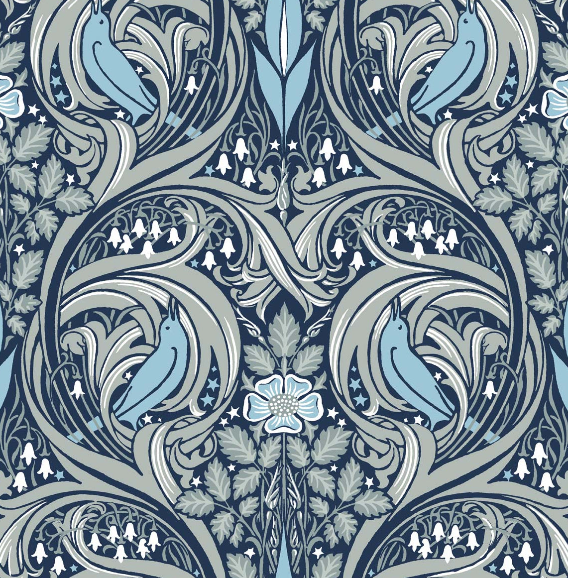 NW46202 NextWall NextWall Peel & Stick Wallpaper Bird Ogee Navy & Sky Blue