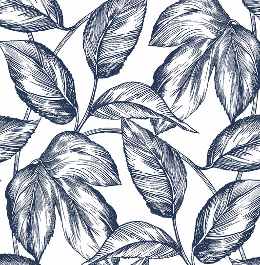 NW46902 NextWall NextWall Peel & Stick Wallpaper Sketched Leaves Navy Blue