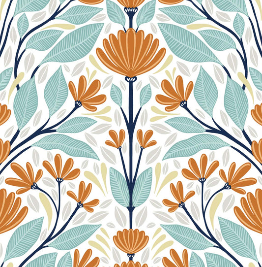 NW47101 NextWall NextWall Peel & Stick Wallpaper Folk Floral Verdigris & Orange