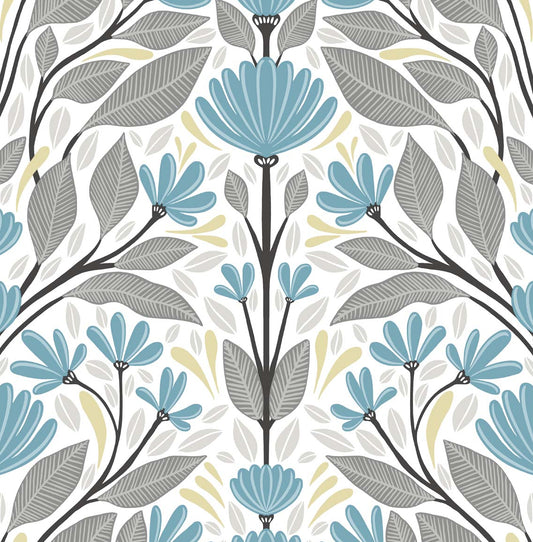 NW47104 NextWall NextWall Peel & Stick Wallpaper Folk Floral Blue Patina & Wheat
