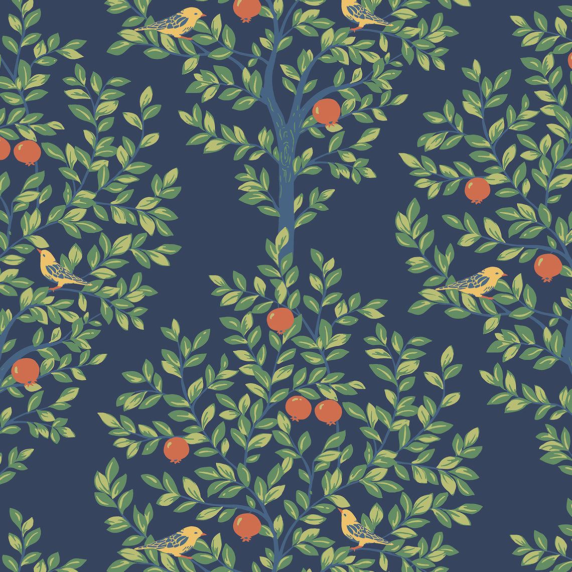 NW48102 NextWall NextWall Peel & Stick Wallpaper Fruit Tree Navy Blue & Greenery