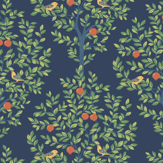 NW48102 NextWall NextWall Peel & Stick Wallpaper Fruit Tree Navy Blue & Greenery