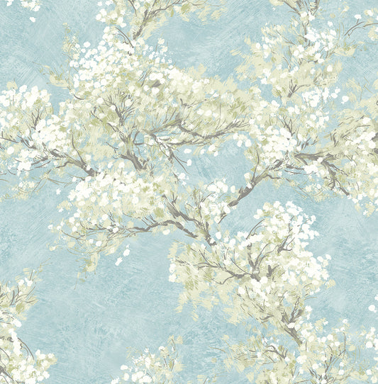 NW50102 NextWall NextWall Peel & Stick Wallpaper Cherry Blossom Grove Blue Mist & Green Tea