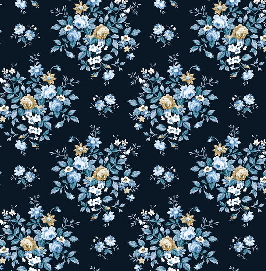 NW50512 NextWall NextWall Peel & Stick Wallpaper Floral Bunches Midnight Blue & Toffee