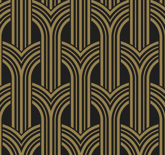 NW50900 NextWall NextWall Peel & Stick Wallpaper Deco Geometric Arches Ebony & Metallic Gold
