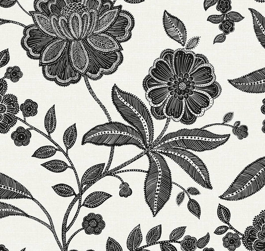 NW51600 NextWall NextWall Peel & Stick Wallpaper Julian Jacobean Floral Ebony & Ivory