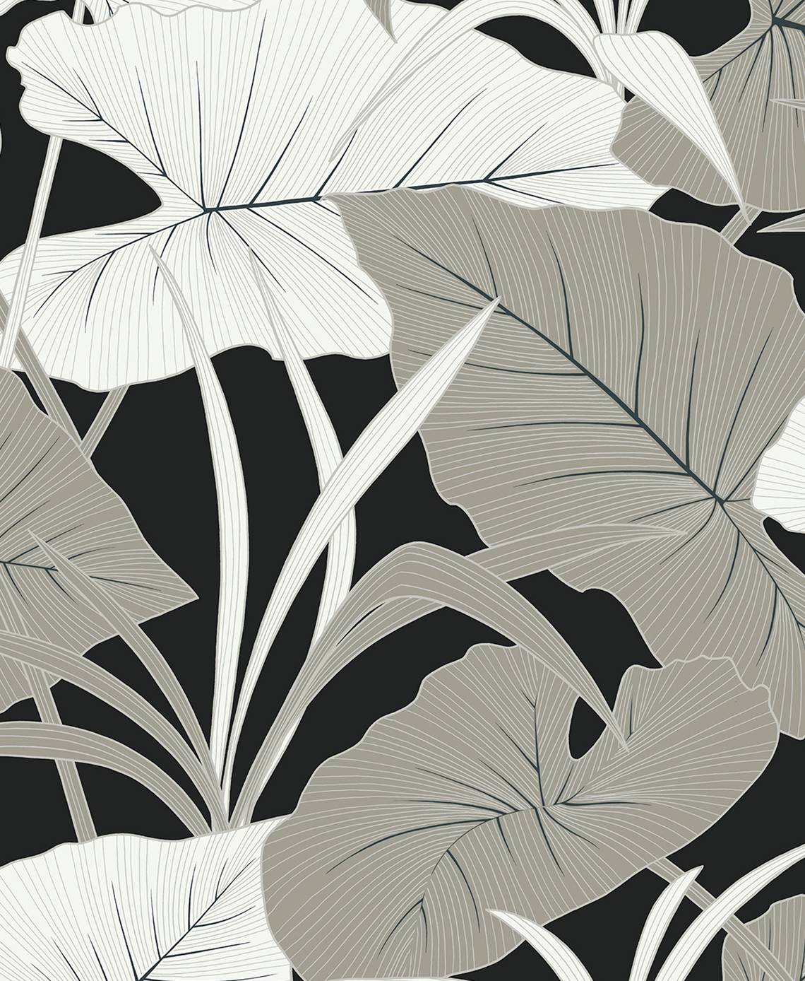 NW52000 NextWall NextWall Peel & Stick Wallpaper Elephant Leaves Ebony & Metallic Silver