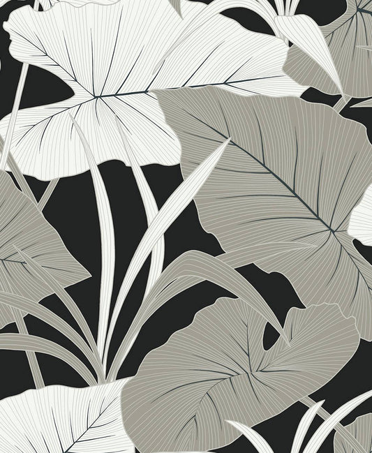NW52000 NextWall NextWall Peel & Stick Wallpaper Elephant Leaves Ebony & Metallic Silver