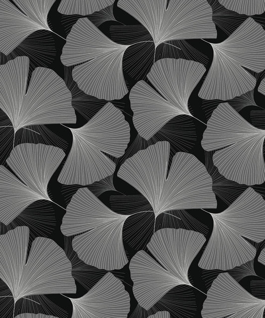 NW52200 NextWall NextWall Peel & Stick Wallpaper Tossed Ginkgo Leaf Ebony & Greystone