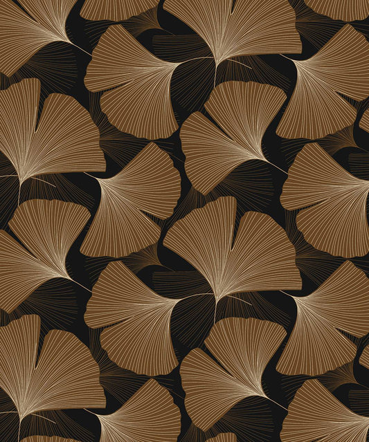 NW52206 NextWall NextWall Peel & Stick Wallpaper Tossed Ginkgo Leaf Ebony & Metallic Copper