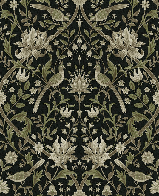 NW58300 NextWall NextWall Peel & Stick Wallpaper Vintage Bird Ogee Ebony & Rosemary