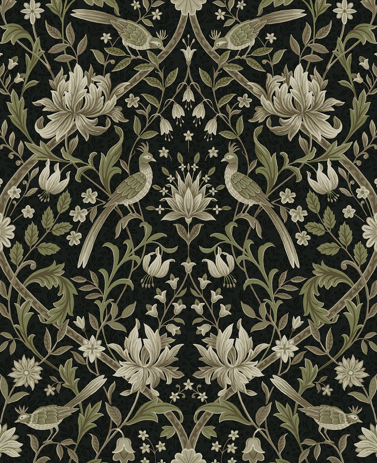 NWS058300 NextWall NextWall Peel & Stick Wallpaper Vintage Bird Ogee Ebony & Rosemary