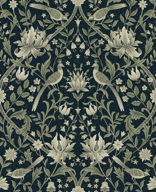 NW58302 NextWall NextWall Peel & Stick Wallpaper Vintage Bird Ogee Blue & Sage