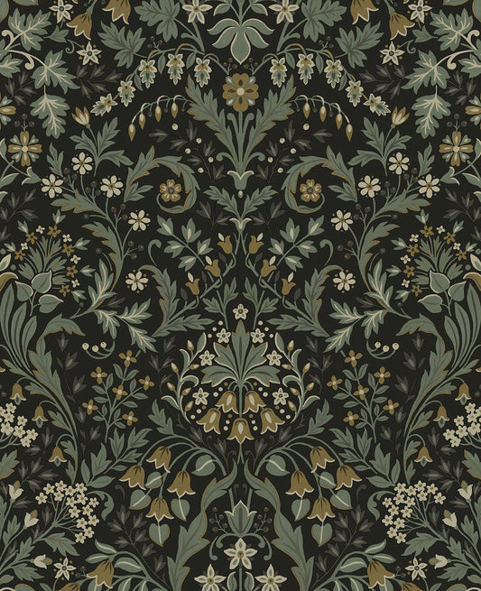 NWS058404 NextWall NextWall Peel & Stick Wallpaper Filigree Floral Ebony & Sage