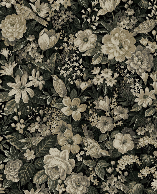 NWS058500 NextWall NextWall Peel & Stick Wallpaper Vintage Bird Garden Ebony & Pale Fern