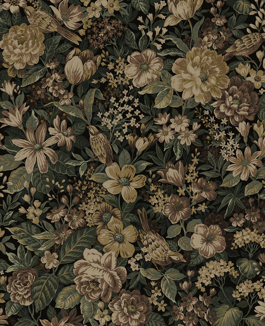 NW58505 NextWall NextWall Peel & Stick Wallpaper Vintage Bird Garden Spice & Green Ash