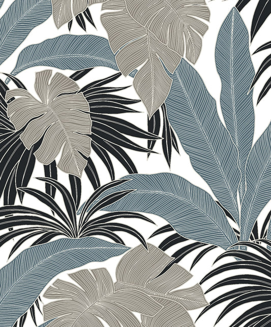 NW58708 NextWall NextWall Peel & Stick Wallpaper Laguna Leaf Bluestone & Grey