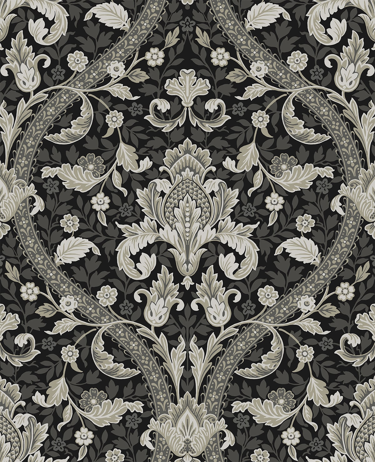 NW59000 NextWall NextWall Peel & Stick Wallpaper Acanthus Ogee Ebony & Cliffside