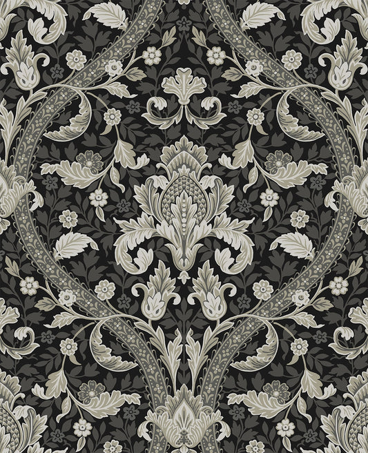 NW59000 NextWall NextWall Peel & Stick Wallpaper Acanthus Ogee Ebony & Cliffside