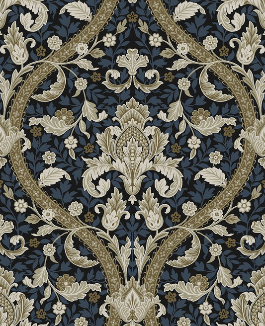 NW59002 NextWall NextWall Peel & Stick Wallpaper Acanthus Ogee Blue & Natural
