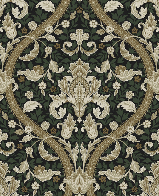 NW59004 NextWall NextWall Peel & Stick Wallpaper Acanthus Ogee Ebony & Green