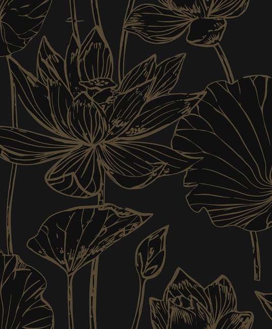 NW59710 NextWall NextWall Peel & Stick Wallpaper Lotus Garden Floral Wrought Iron & Gold