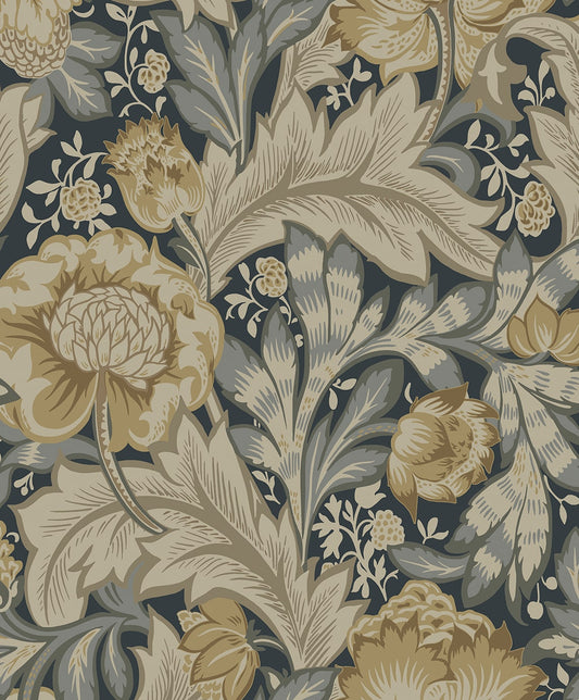 NW60508 NextWall NextWall Peel & Stick Wallpaper Acanthus Garden Floral Midnight Blue & Neutral